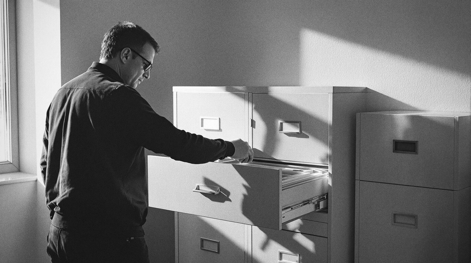 Mann entnimmt einen Ordner aus einem geöffneten Aktenschrank
