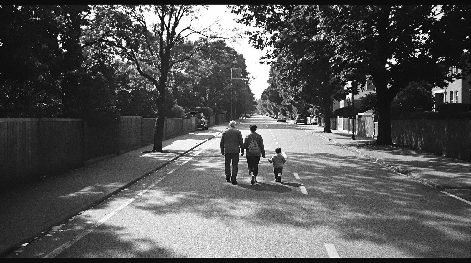 Drei Generationen einer Familie gehen nebeneinander eine Allee entlang, von hinten gesehen
